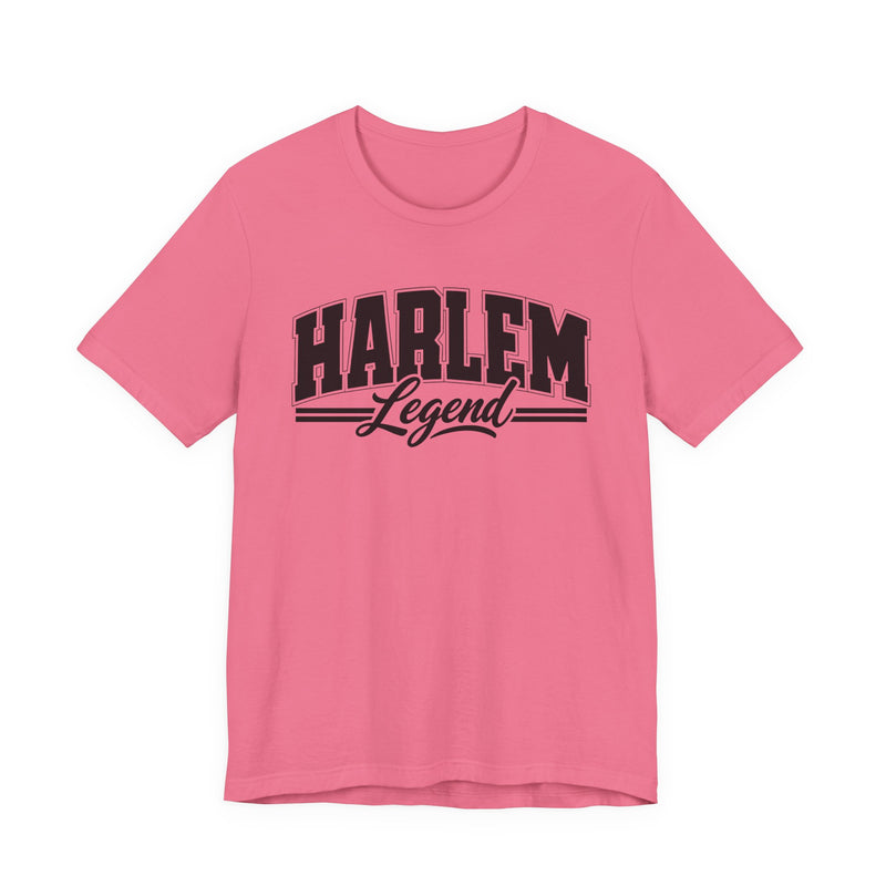 T-Shirt product with collegiate lettering reading HARLEM LEGEND, flat lay.