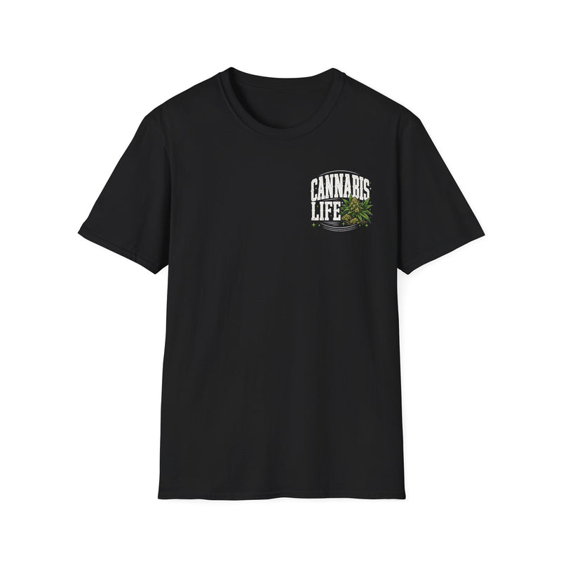I'm About That Cannabis Life — Tee fabric detail close-up: “I'M ABOUT THAT CANNABIS LIFE” in bold printed block lettering. Street Talk Designs 420-friendly statement apparel.