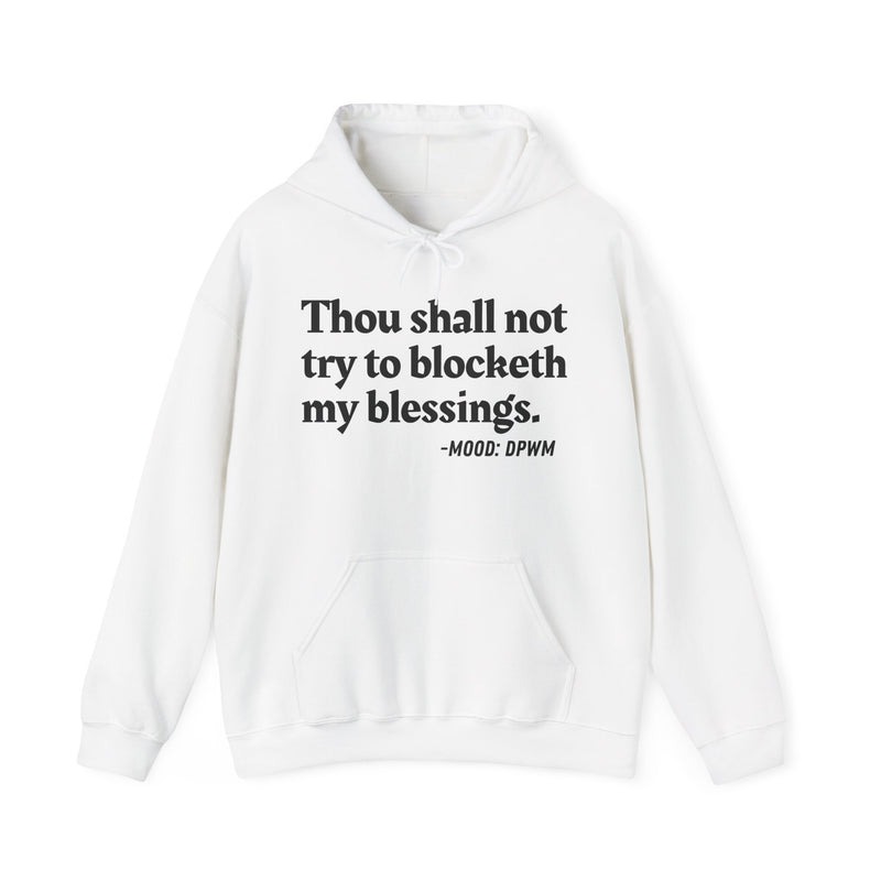 Hoodie with “THOU SHALL NOT TRY TO BLOCKETH MY BLESSINGS” statement print