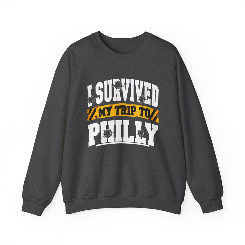 Sweatshirt with bold lettering reading I SURVIVED MY TRIP TO PHILLY, product view.