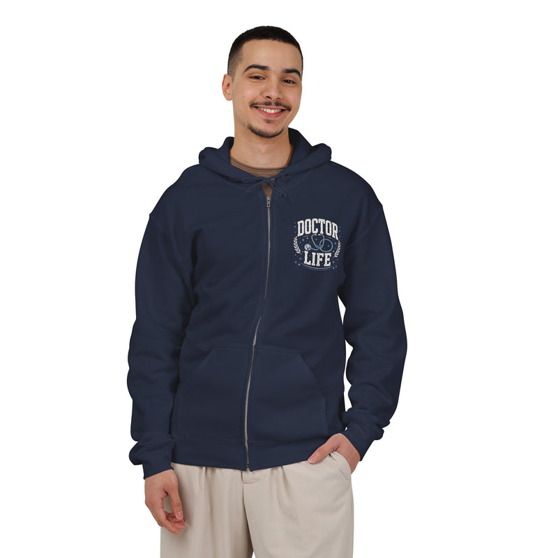 Navy-color zip hoodie, model front.
