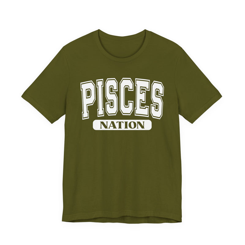 Olive green T-shirt with white arched collegiate PISCES lettering and boxed NATION print, front view.