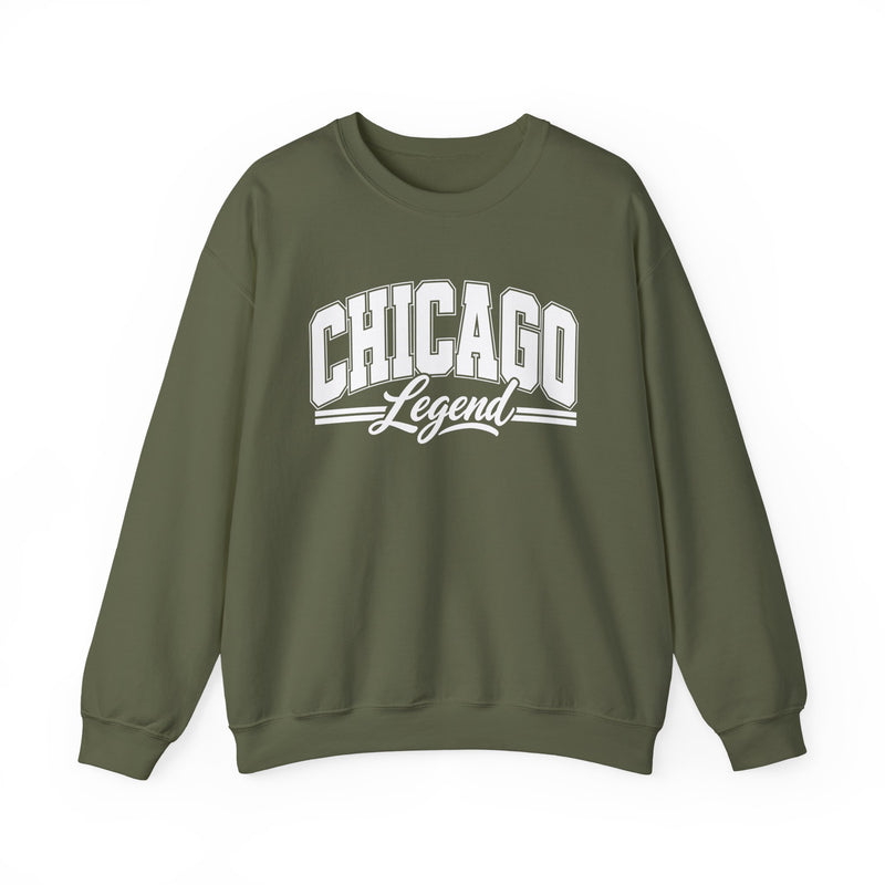 Sweatshirt product with collegiate lettering reading CHICAGO LEGEND, lifestyle view.
