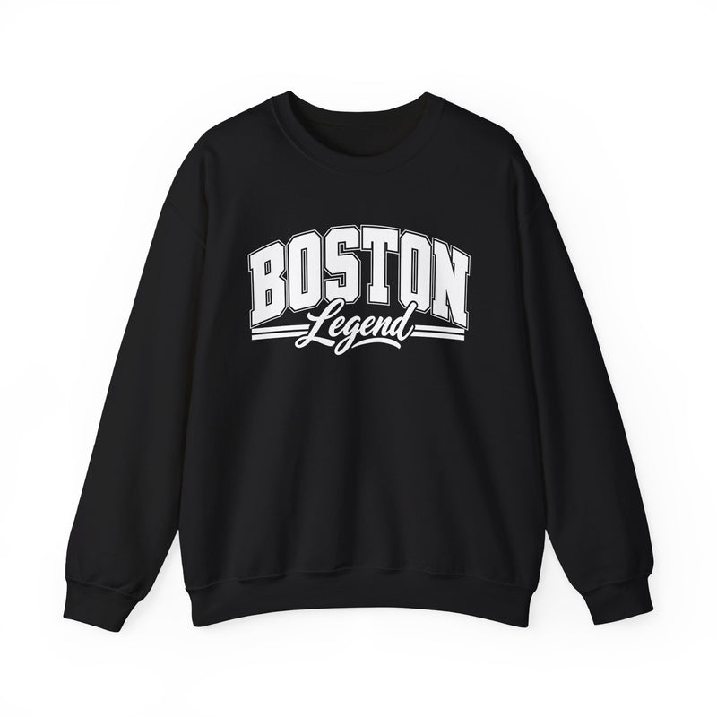 Sweatshirt with collegiate lettering reading BOSTON LEGEND, front view.