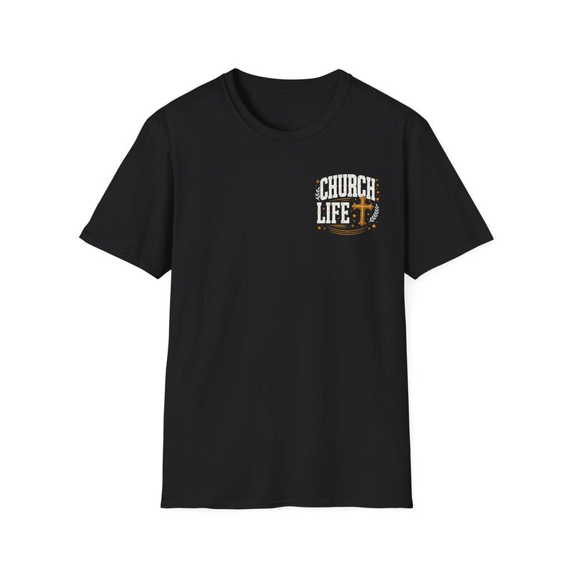 T-Shirt with text design reading “I'M ABOUT THAT CHURCH LIFE”, front view