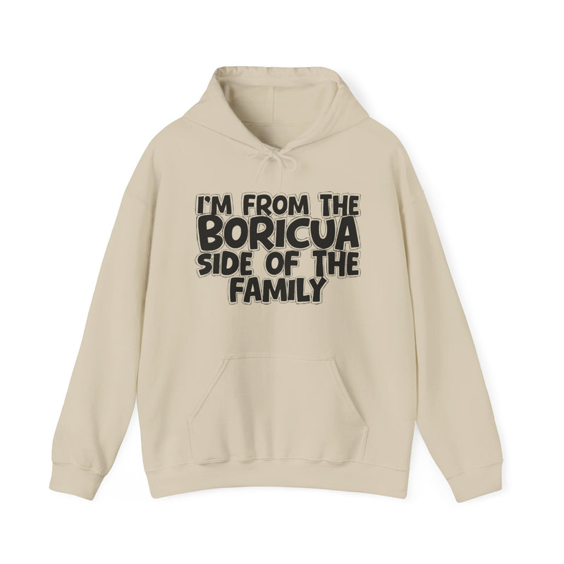 Sand hoodie with 'I'M FROM THE BORICUA SIDE OF THE FAMILY' in black hand-drawn bubble lettering on the chest, front flat-lay mockup view.