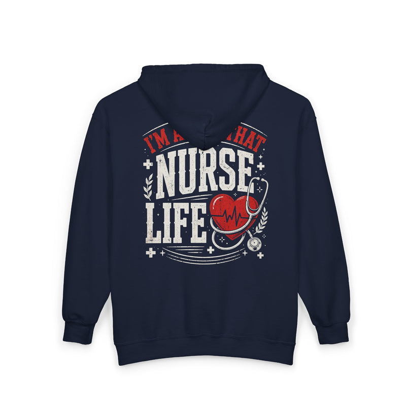 Navy hoodie with white and red lettering reading "I'M ABOUT THAT NURSE LIFE", back view.