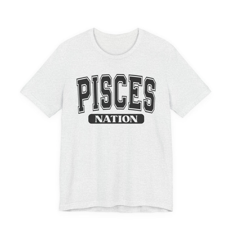 Ash T-shirt with black arched collegiate PISCES lettering and boxed NATION print, front view.