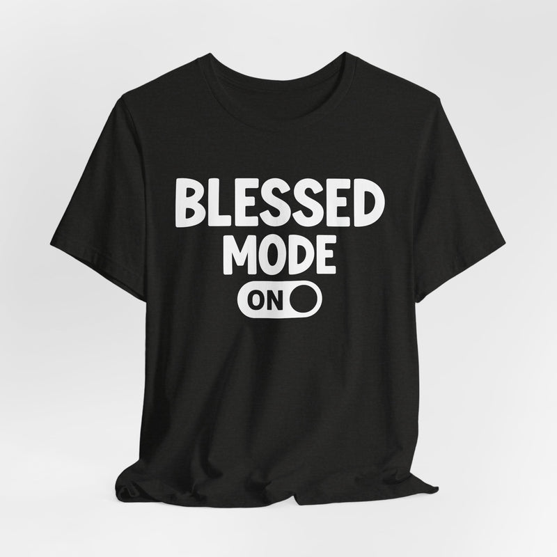T-Shirt with text design reading “PRAISE MODE ON”, front view