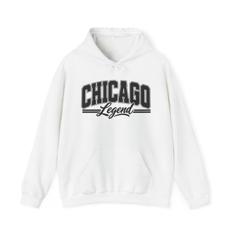 Hoodie product with collegiate lettering reading CHICAGO LEGEND, alternate view.