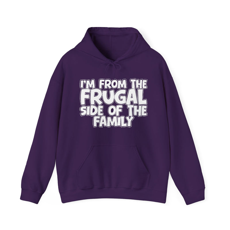Navy hoodie with 'I'M FROM THE FRUGAL SIDE OF THE FAMILY' in white hand-drawn bubble lettering on the chest, front flat-lay mockup view.