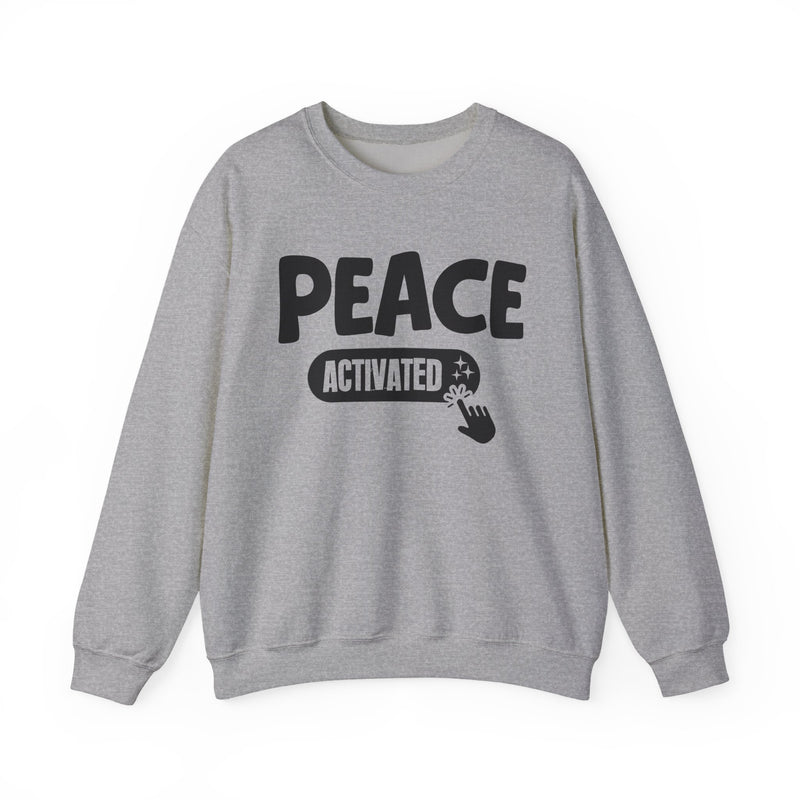 Sweatshirt product with white and teal lettering reading PEACE ACTIVATED, alternate view.