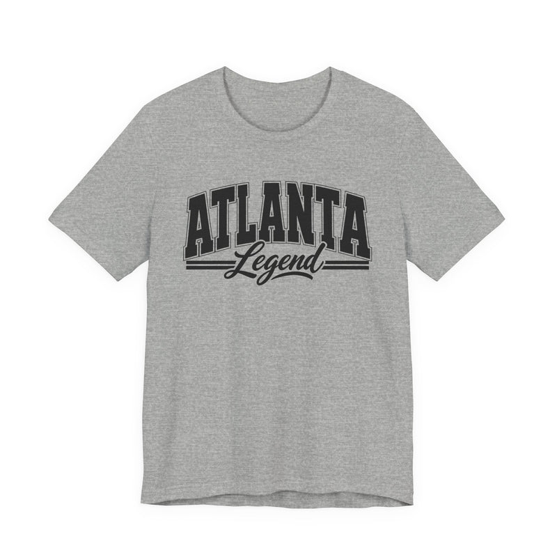 Sport grey t-shirt with black varsity block and script lettering reading ATLANTA LEGEND, front flat-lay view.