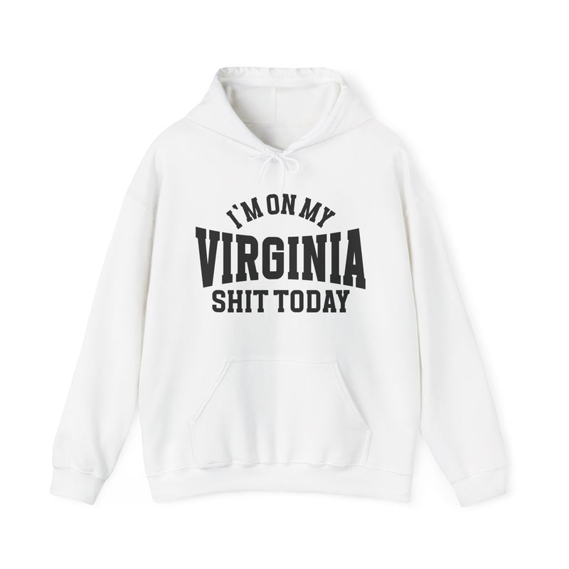 Hoodie product photo with arched collegiate lettering reading "I'M ON MY" over large block letters reading "VIRGINIA" with "SHIT TODAY" beneath, front view.