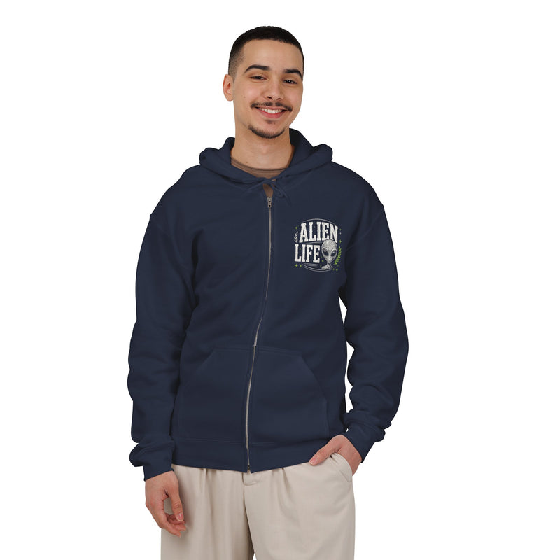 Navy zip hoodie with small I'M ABOUT THAT ALIEN LIFE chest emblem, alternate view.