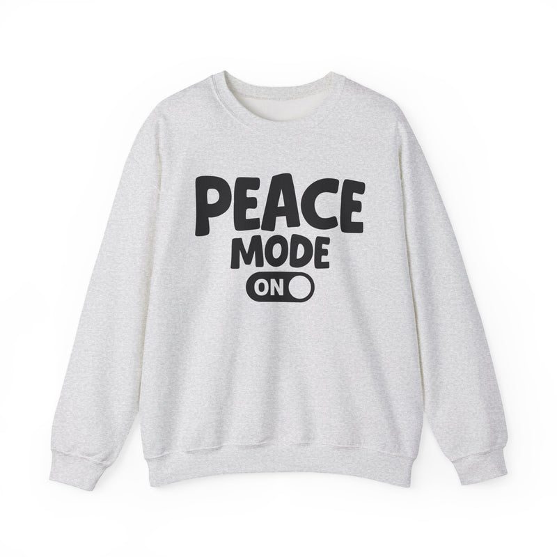 White-color sweatshirt with white bubble lettering reading PEACE MODE ON, front.