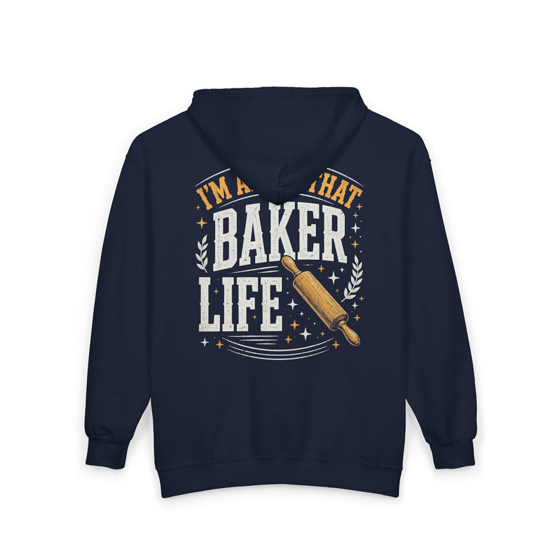 Navy-color zip hoodie with gold and white lettering reading I'M ABOUT THAT BAKER LIFE, back.
