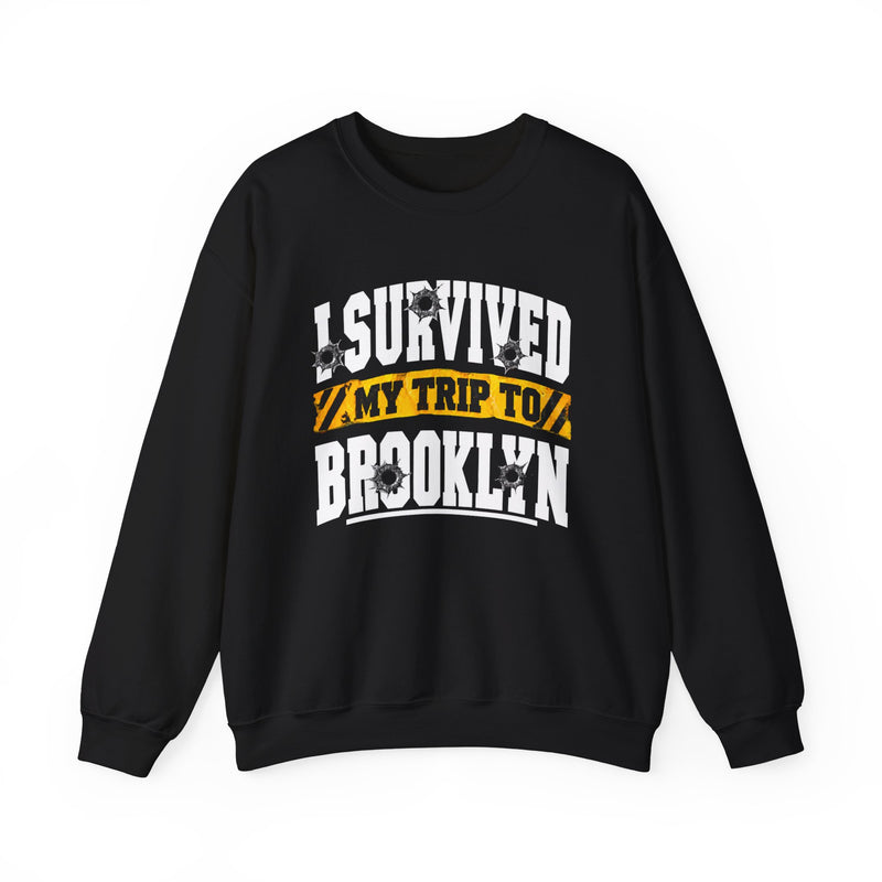 Sweatshirt with collegiate lettering reading I SURVIVED MY TRIP TO BROOKLYN, front view.