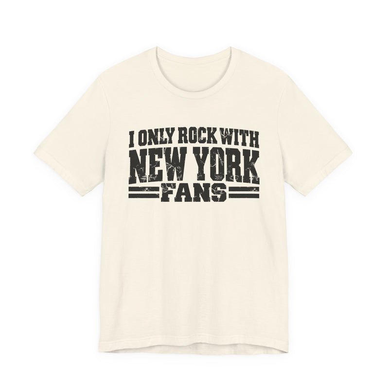 T-Shirt with bold bubble lettering reading "I ONLY ROCK WITH DENVER FANS", front mockup view.
