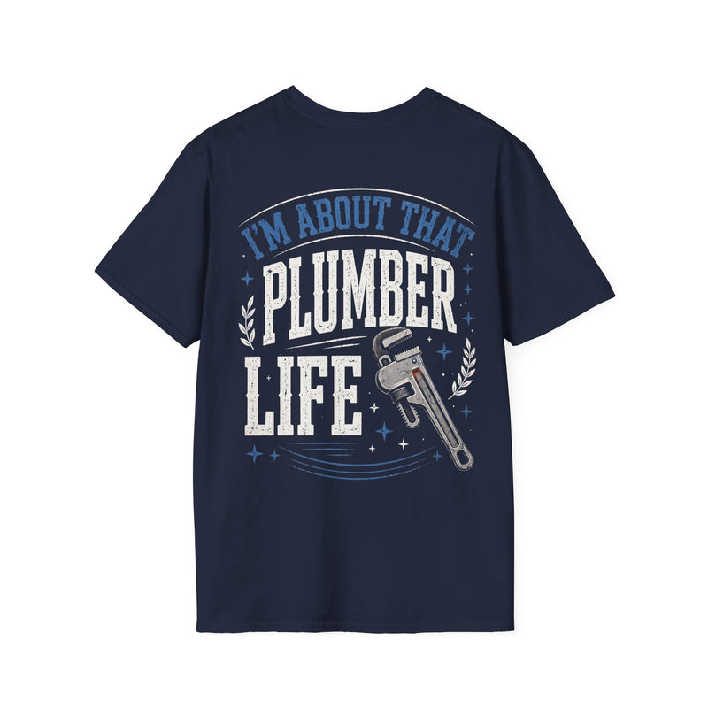 Navy t-shirt with white and blue bubble lettering reading I'M ABOUT THAT PLUMBER LIFE, back.