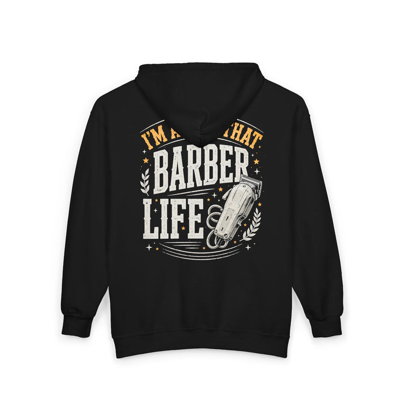 Navy zip hoodie with small I'M ABOUT THAT BARBER LIFE chest emblem, alternate view.