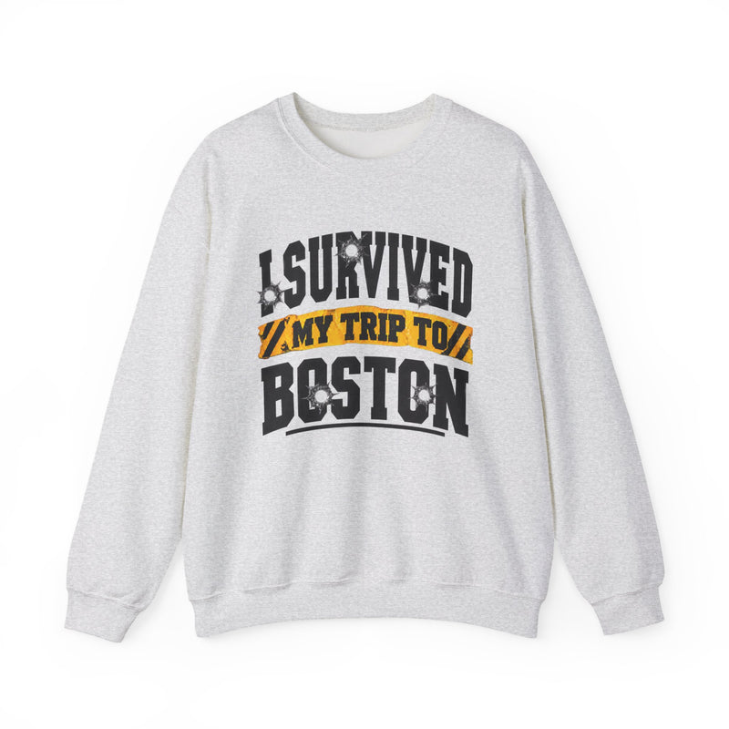 Sweatshirt product with collegiate lettering reading I SURVIVED MY TRIP TO BOSTON, flat lay.