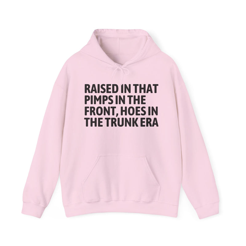 Raised In That Pimps In The Front Hoes In The Trunk Era — Hoodie alternate view 11: Raised In That Pimps In The Front Hoes In The Trunk Era in distressed collegiate lettering. Street Talk Designs old school statement apparel.