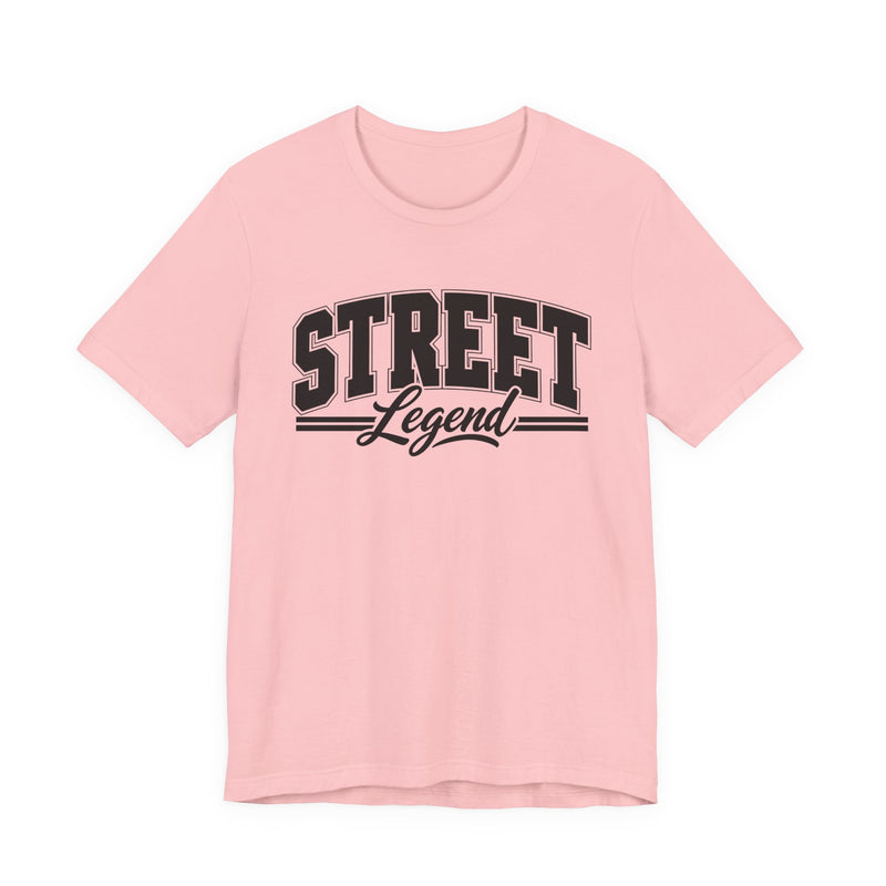 T-Shirt product with collegiate lettering reading STREET LEGEND, on-model view.