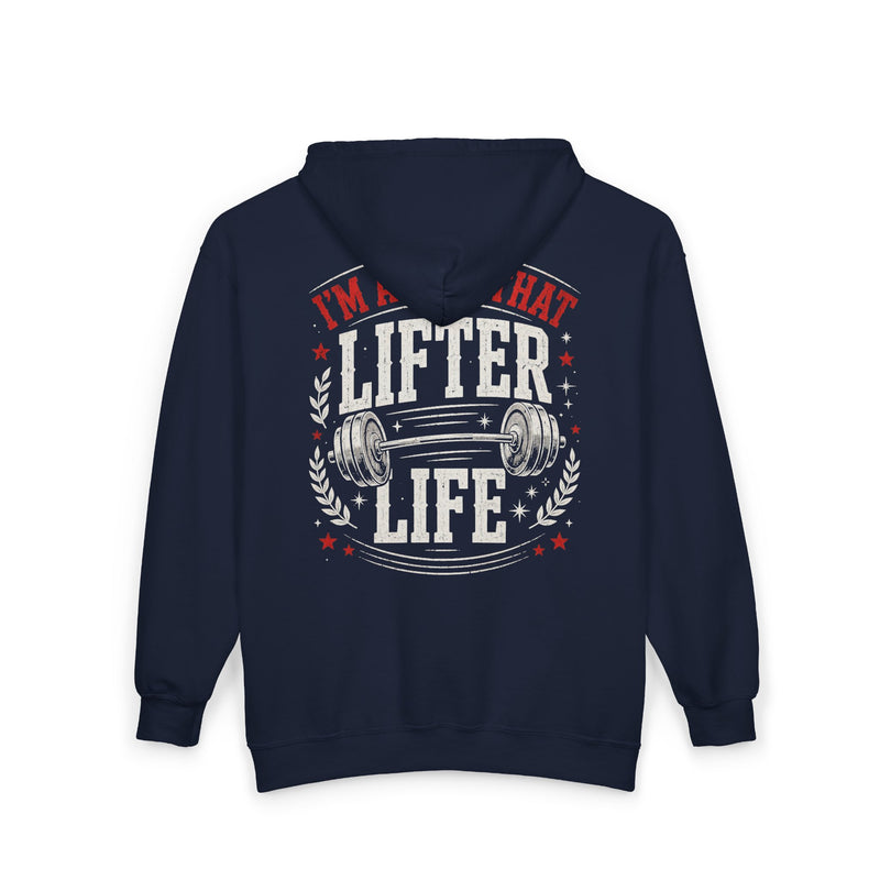 Navy zip hoodie with red and white bubble lettering reading I'M ABOUT THAT LIFTER LIFE, back view.