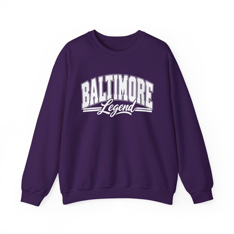 Sweatshirt product with collegiate lettering reading BALTIMORE LEGEND, front view.