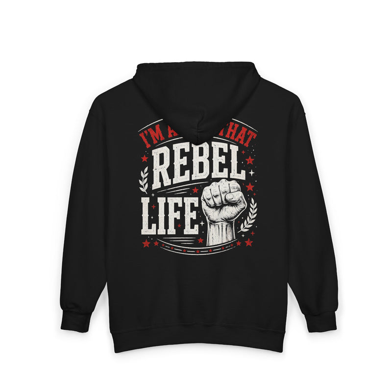 Black zip hoodie with white and red western lettering reading "I'M ABOUT THAT REBEL LIFE", back flat-lay view.