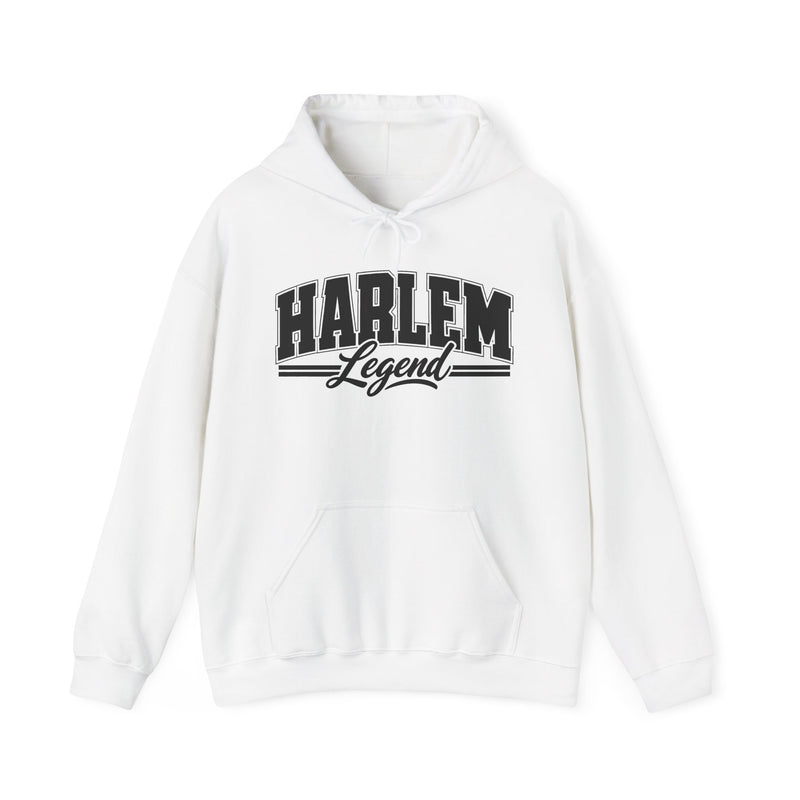 Hoodie product with collegiate lettering reading HARLEM LEGEND, alternate view.