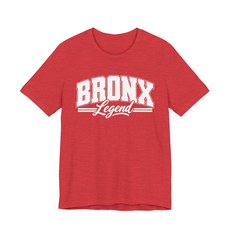 T-Shirt product photo with arched collegiate block lettering reading "BRONX" with the word "Legend" in script beneath, front view.