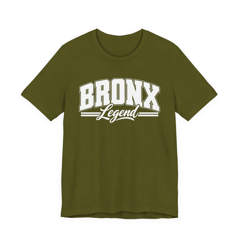 T-Shirt product photo with arched collegiate block lettering reading "BRONX" with the word "Legend" in script beneath, front view.