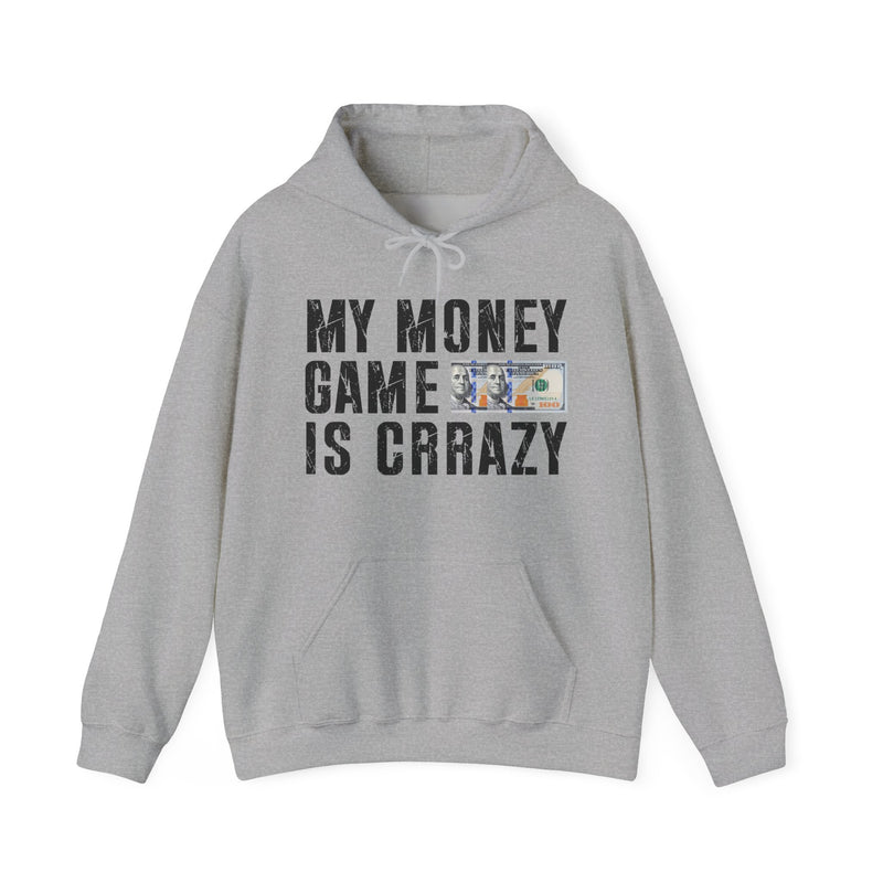 Sand hoodie with milgreen collegiate lettering reading MY MONEY GAME IS CRAZY, flat-lay view.