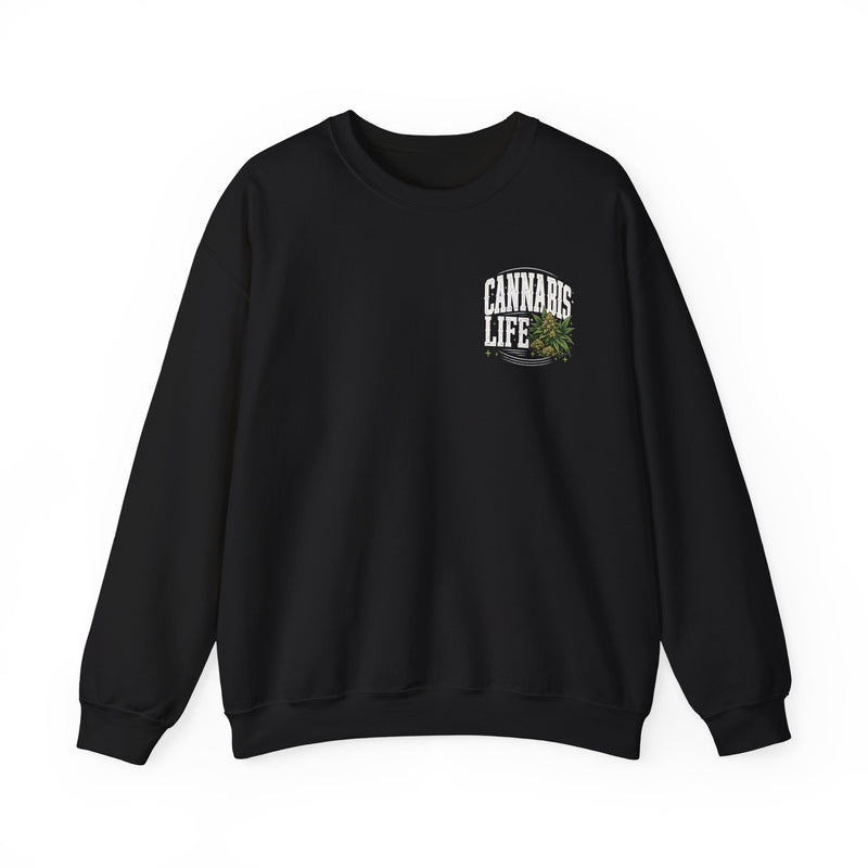 I'm About That Cannabis Life — Sweatshirt fabric detail close-up: “I'M ABOUT THAT CANNABIS LIFE” in bold printed block lettering. Street Talk Designs 420-friendly statement apparel.