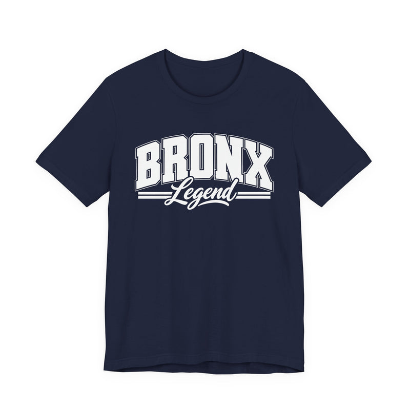 T-Shirt product photo with arched collegiate block lettering reading "BRONX" with the word "Legend" in script beneath, front view.