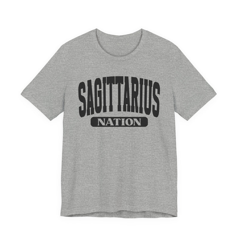 Athletic Heather t-shirt with black arched SAGITTARIUS collegiate lettering and NATION banner print, front flat-lay view.