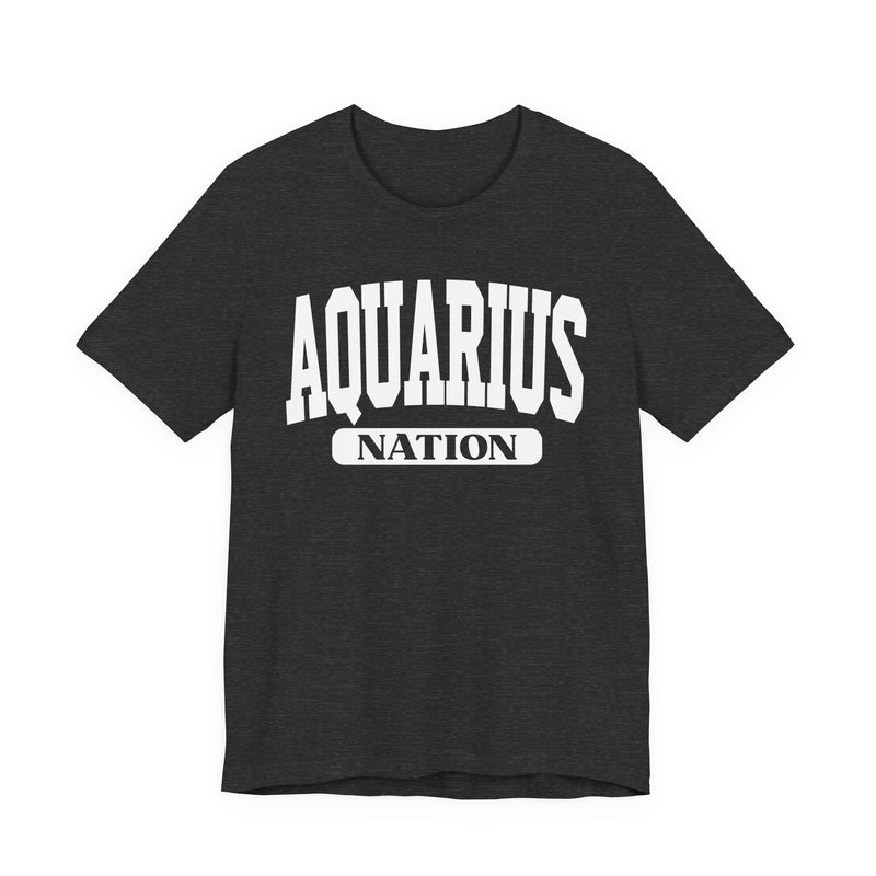 Deep heather T-shirt with white arched AQUARIUS collegiate lettering and NATION banner below, front view