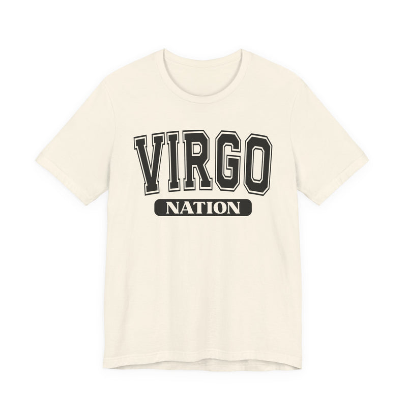 Natural t-shirt with black arched collegiate VIRGO lettering over a NATION banner, front view.