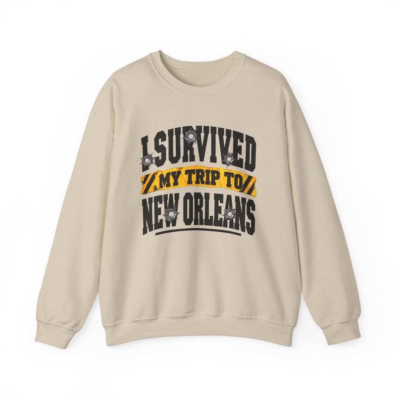 Sweatshirt product with collegiate lettering reading I SURVIVED MY TRIP TO NEW ORLEANS, on-model view.