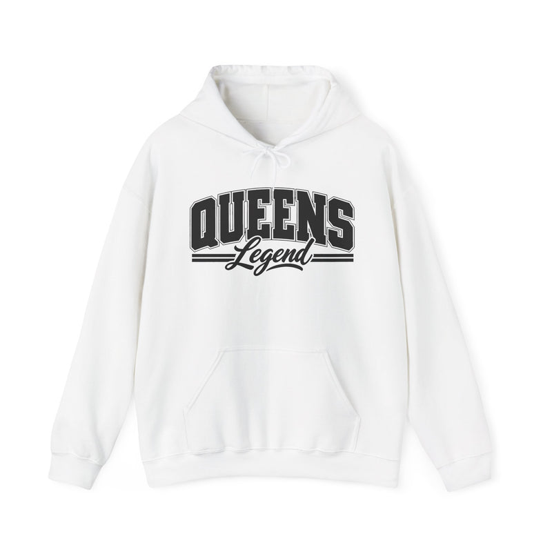 White hoodie with black varsity block and script lettering reading QUEENS LEGEND, front flat-lay view.