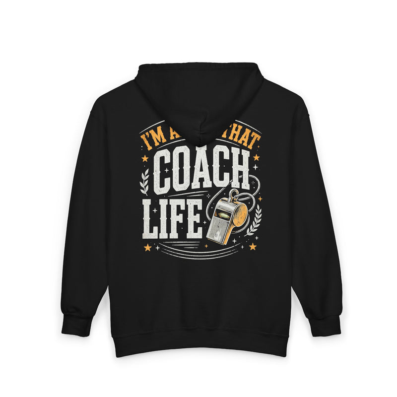 Navy zip hoodie with small I'M ABOUT THAT COACH LIFE chest emblem, alternate view.