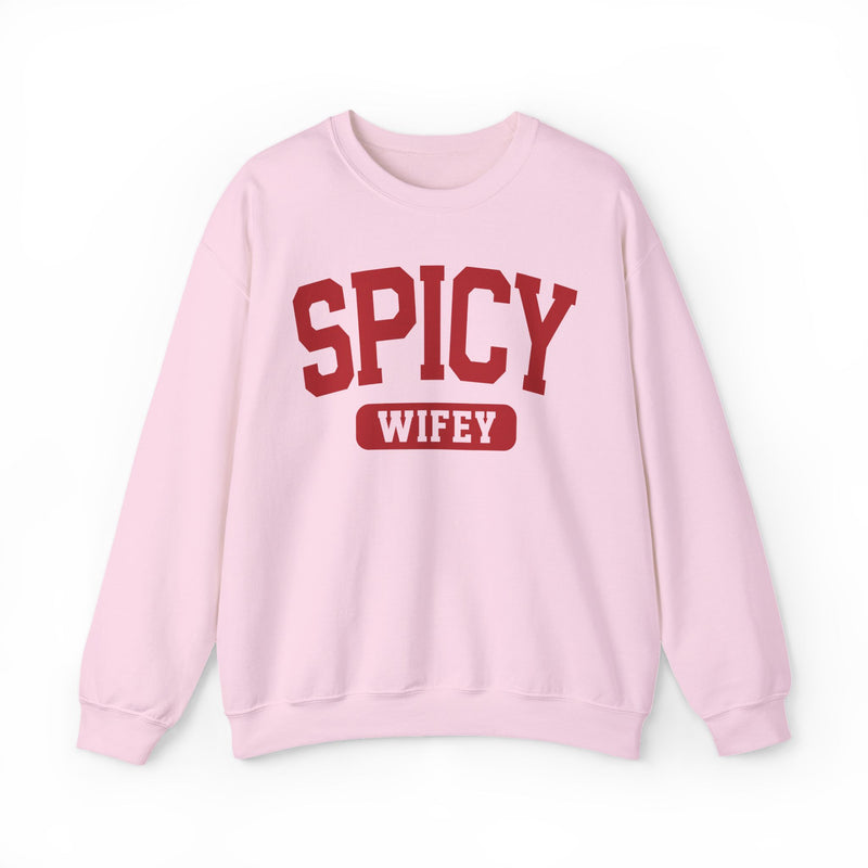 Natural sweatshirt with contrasting statement lettering reading SPICY WIFEY, front flat-lay view.
