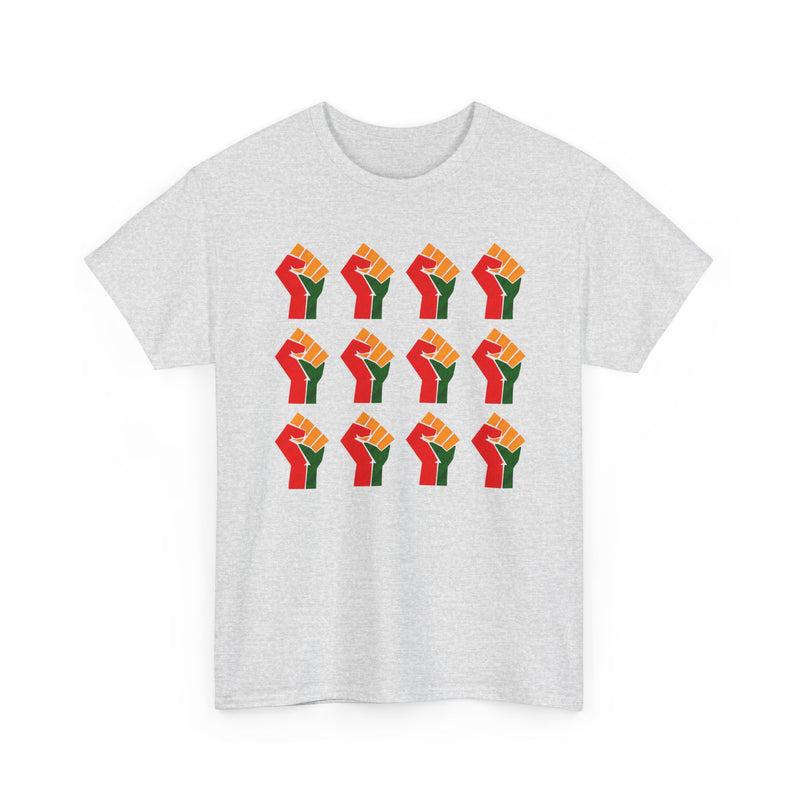 Ash gray t-shirt with a clean 3-by-4 grid pattern of twelve red, black, and green raised-fist icons, front view.