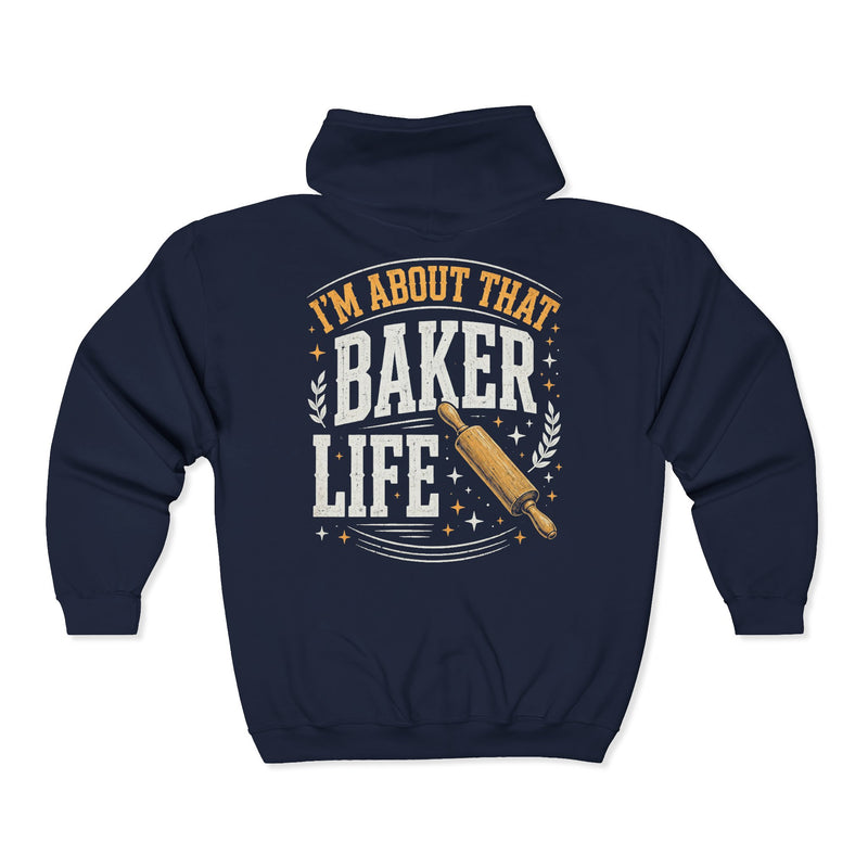 Navy-color zip hoodie with gold and white lettering reading I'M ABOUT THAT BAKER LIFE, back.
