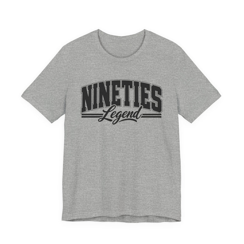 T-shirt with bold lettering reading NINETIES LEGEND, product view.