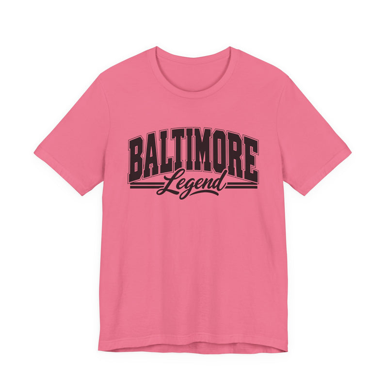T-Shirt product with collegiate lettering reading BALTIMORE LEGEND, flat lay.
