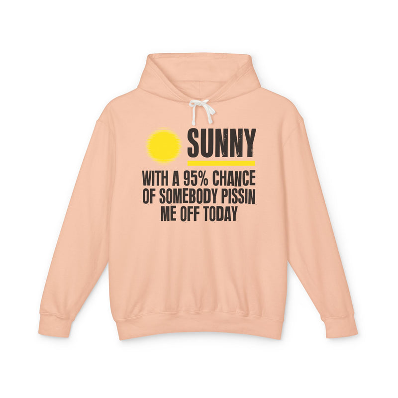 Sunny With A 95% Chance Of Somebody Pissin Me Off Today — Hoodie alternate view 6: yellow sun icon beside SUNNY, over WITH A 95% CHANCE OF SOMEBODY PISSIN ME OFF TODAY, white distressed print with yellow accents on navy. Street Talk Designs sarcastic statement apparel.