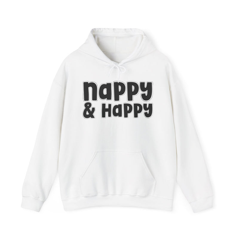 Nappy & Happy — Hoodie back view: NAPPY & HAPPY in bold statement lettering. Street Talk Designs culture statement apparel.